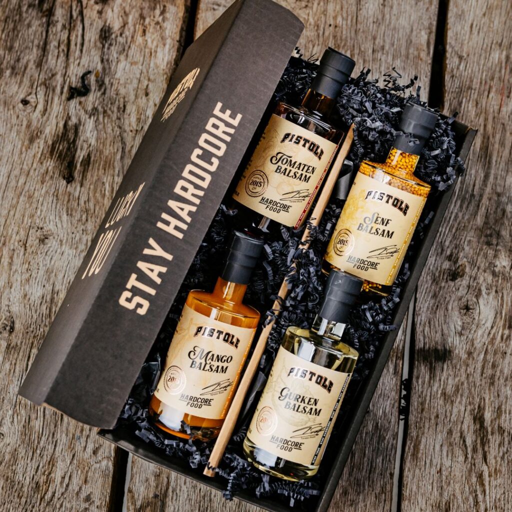 Geschenkset mit Tomaten Balsam, Senf Balsam, Mango Balsam und Gurken Balsam