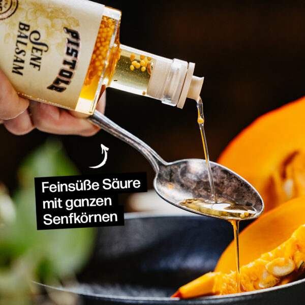 Senf Balsamessig mit feinsüßer Säure und ganzen Senfkörnern