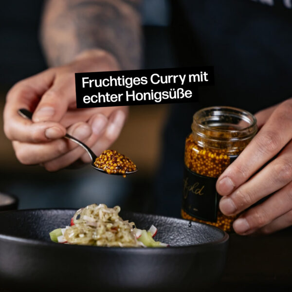 Körniger Senf mit fruchtigem Curry mit echter Honigsüße