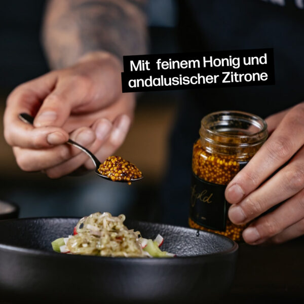 Körniger Senf mit feinem Honig und anadalusischer Zitrone