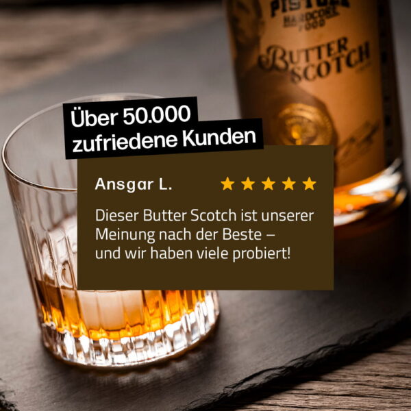 Über 50.000 zufriedene Kunden des Butterscotch Likör von Pistole Hardcore-Food