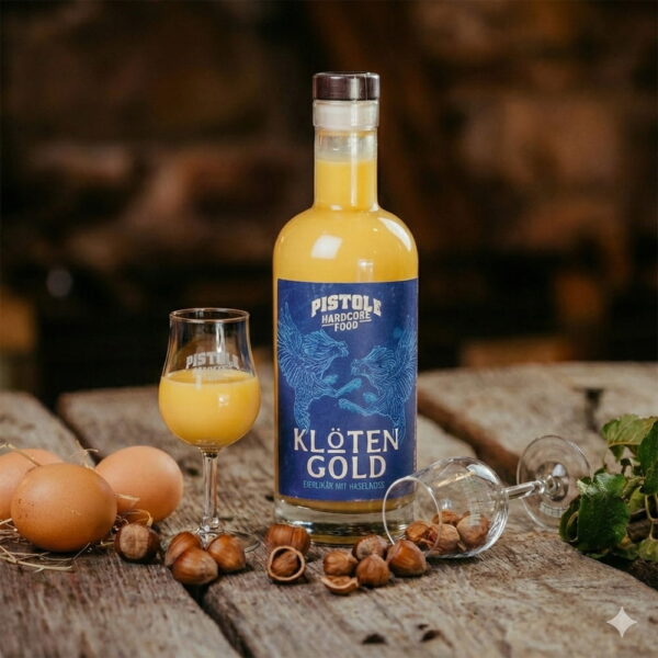 Pistole Hardcore-Food Eierlikör mit Haseluss Klötengold